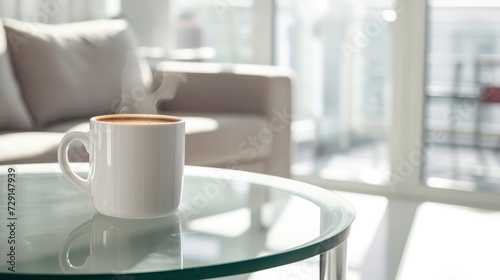 A white mug filled with steaming coffee, placed on a modern glass table in a bright, minimalist apartment, mug mock-up 