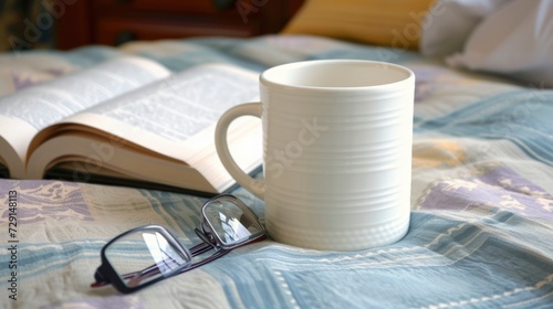 A white mug on a bedside table next to an open book and reading glasses, mug mock-up 