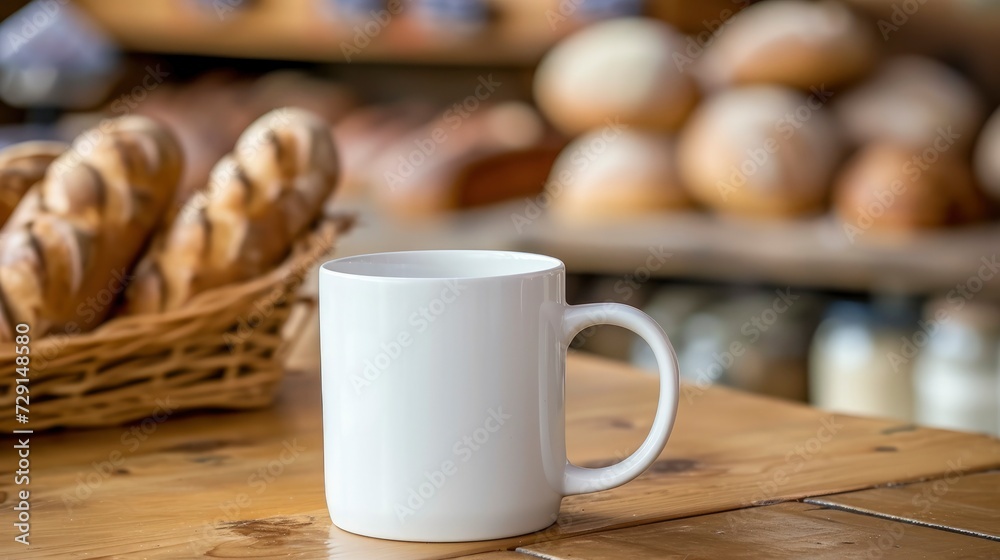 White Mug on Wooden Table with Bread in Background White Mug on Wooden Table with Bread in Background