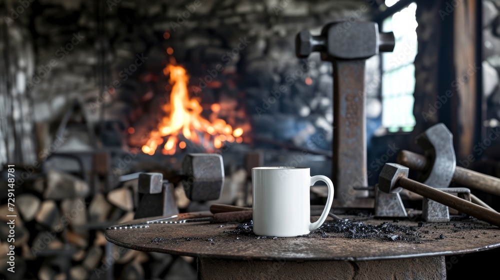 A white mug on a table in a blacksmith’s forge, with anvils and hammers around, mug mock-up 