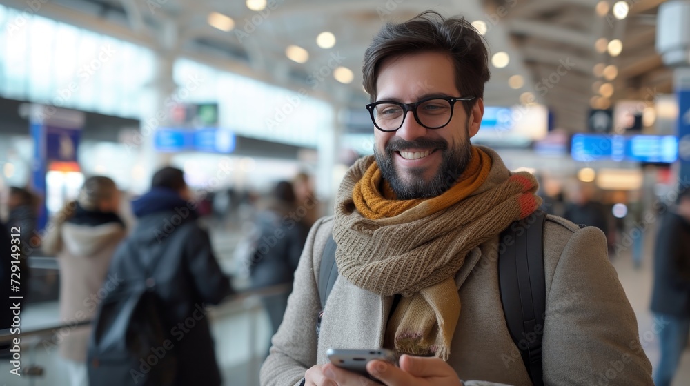 Happy bearded man with a smile checking his smartphone while waiting at an airport station. Happy bearded man with a smile checking his smartphone while waiting at an airport station.