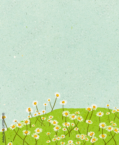 Ilustracja zielona łąka białe stokrotki niebo tekstura.