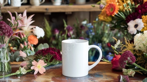 A white mug on a table in a florist’s shop, with flowers and floral arrangements around, mug mock-up 