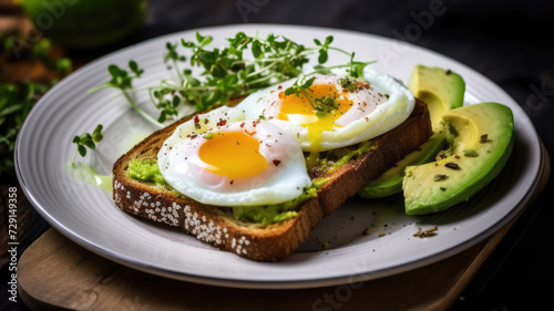 One toast with eggs and avocado on white plate on wooden table for breakfast, proper nutrition concept, close up