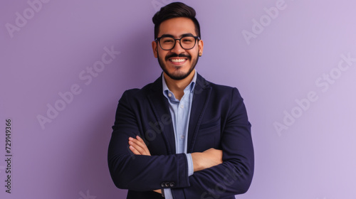 a smiling person wearing glasses and a suit, standing with arms crossed in front of a purple background, exuding confidence and professionalism