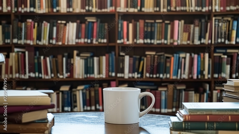 Cozy Library Scene with Books and Coffee Cozy Library Scene with Books and Coffee