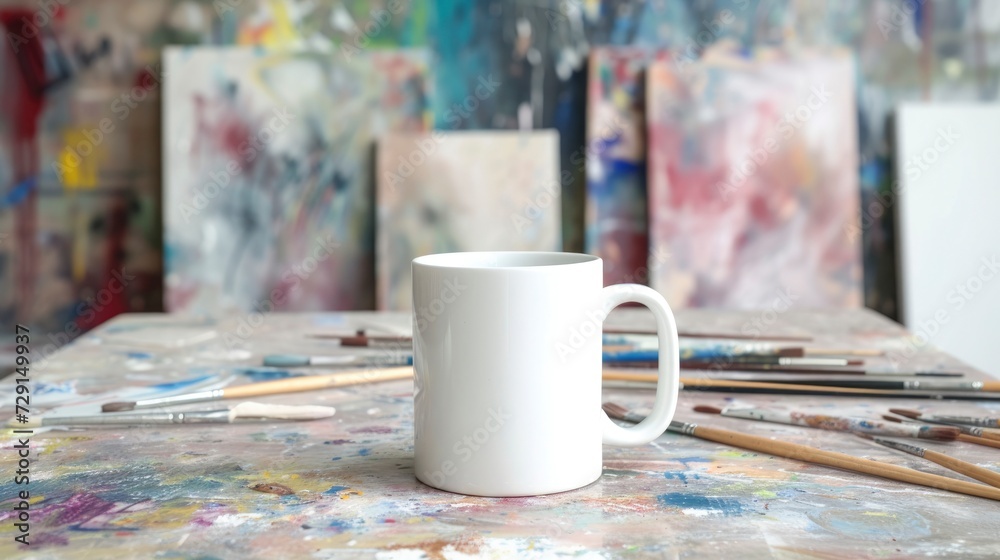 A white mug on a table in a painter’s studio, with canvases and paintbrushes around, mug mock-up 