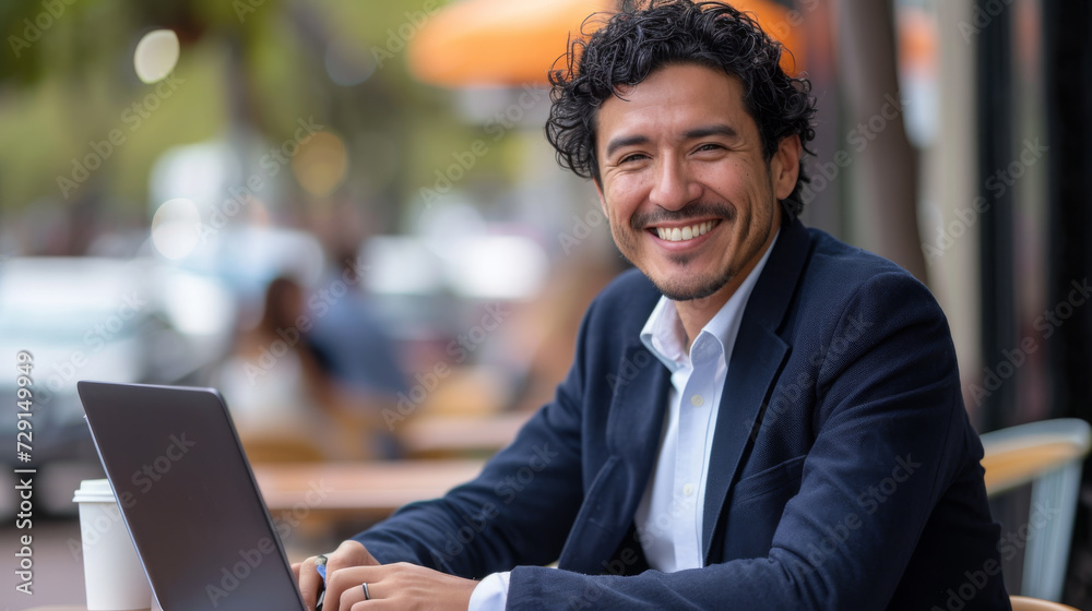 A smiling person seated at a café table with a laptop, exhibiting a relaxed and confident demeanor. A smiling person seated at a café table with a laptop, exhibiting a relaxed and confident demeanor.