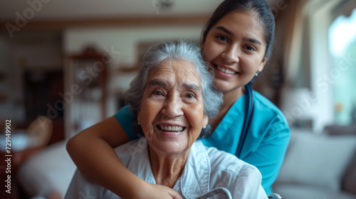 young female nurse in blue scrubs smiling next to a happy elderly woman in a white shirt, likely depicting a caring moment in a healthcare or home setting. photo