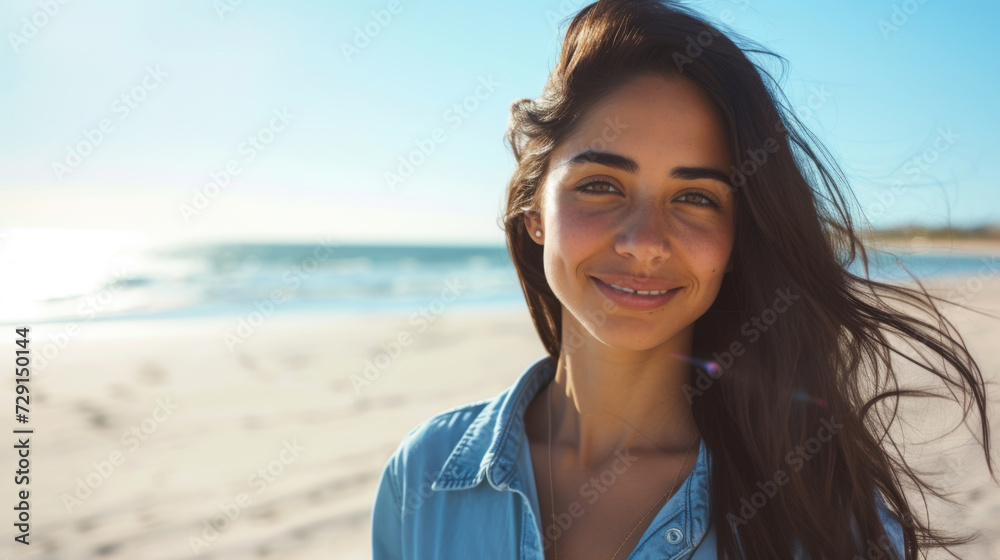 a woman smiling at the camera with the beach and ocean in the background, portraying a sense of happiness and relaxation in a natural, outdoor setting