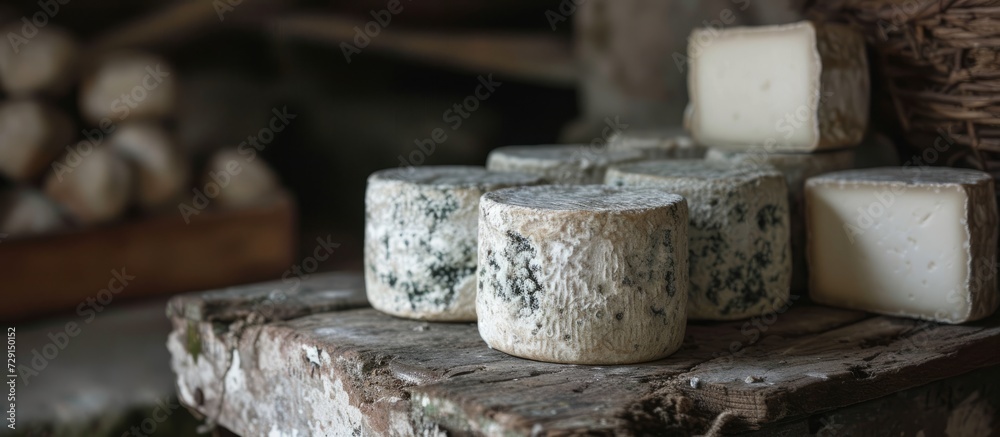 Young goat cheese with blue mold stored in a farmhouse cellar. Young goat cheese with blue mold stored in a farmhouse cellar.