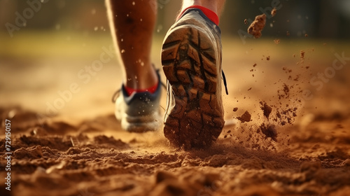 close up of foots of running athlete, running man foots, struggle in life or hard work for success concept photo