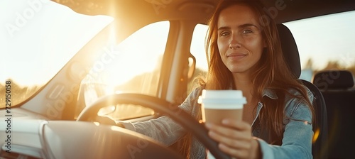 Stylish woman driving car with coffee cup, enjoying the ride, copy space for text, driving concept