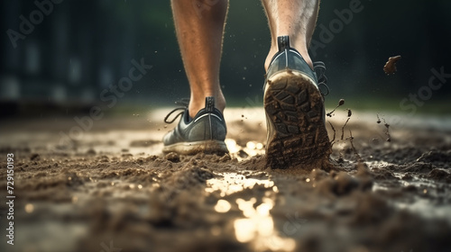 close up of foots of running athlete, running man foots, struggle in life or hard work for success concept photo