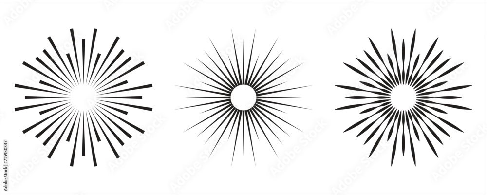 sunburst icon collection. starburst element. radial stripes of fireworks. retro design. vector illustration on transparent background.