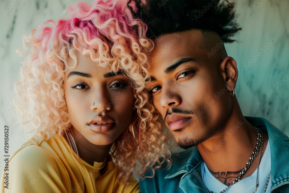 Fototapeta premium A fashionable young couple captures a moment of joy as they pose for a portrait, their smiling faces framed by carefully coiffed hairpieces and adorned with delicate fashion accessories