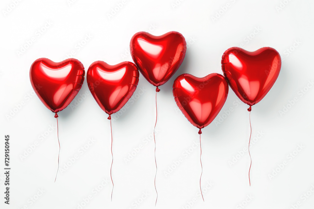 Five glossy red heart-shaped balloons on a white background. Suitable for Valentine's Day and Mother's Day decoration.