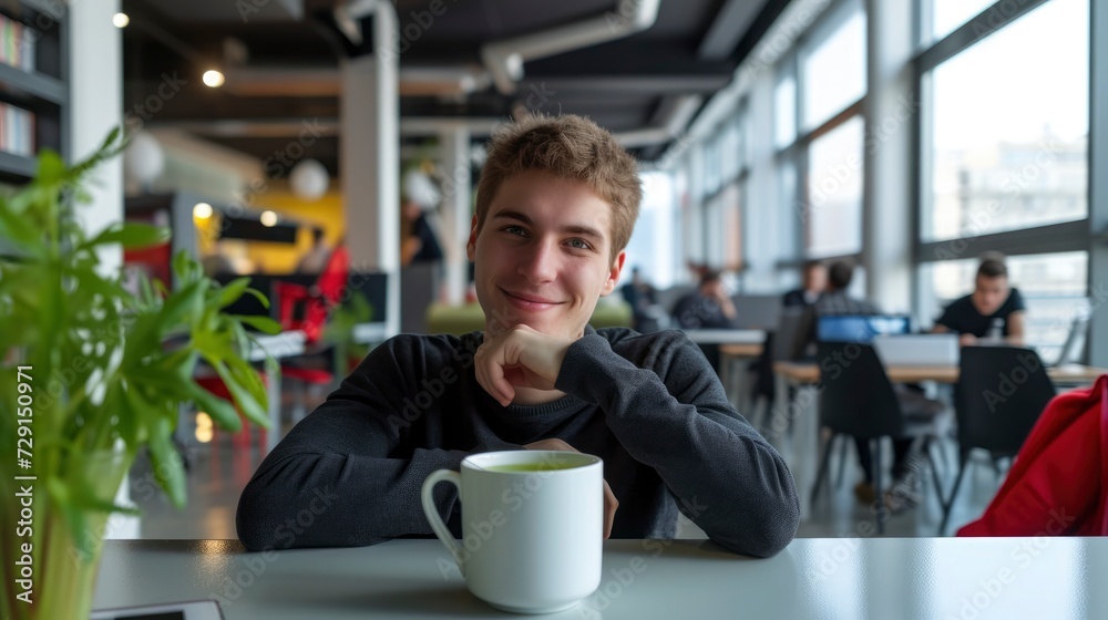 Smiling Young Man with Coffee in Modern Workspace Smiling Young Man with Coffee in Modern Workspace