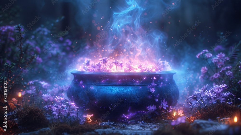 Purple Flower Pot with Purple Flowers and Blue Light Effects Generative AI Purple Flower Pot with Purple Flowers and Blue Light Effects Generative AI
