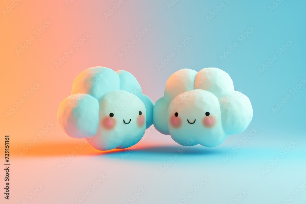 A pair of animated clouds with playful expressions take on the role of childhood toys in this whimsical cartoon scene A pair of animated clouds with playful expressions take on the role of childhood toys in this whimsical cartoon scene