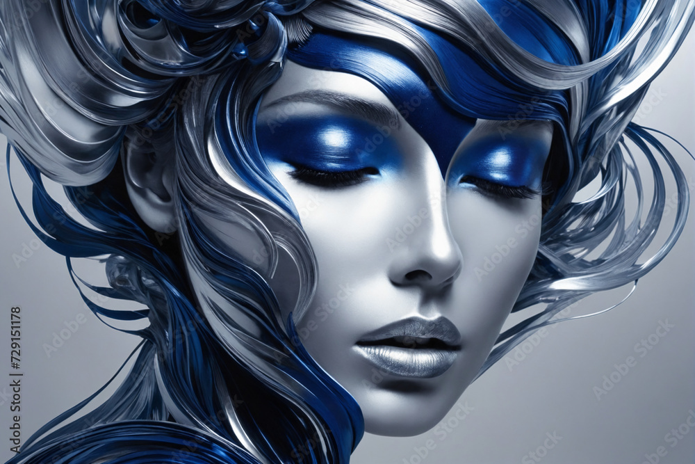 Abstract image of a person's consciousness, using a limited color palette of shades of silver and dark blue