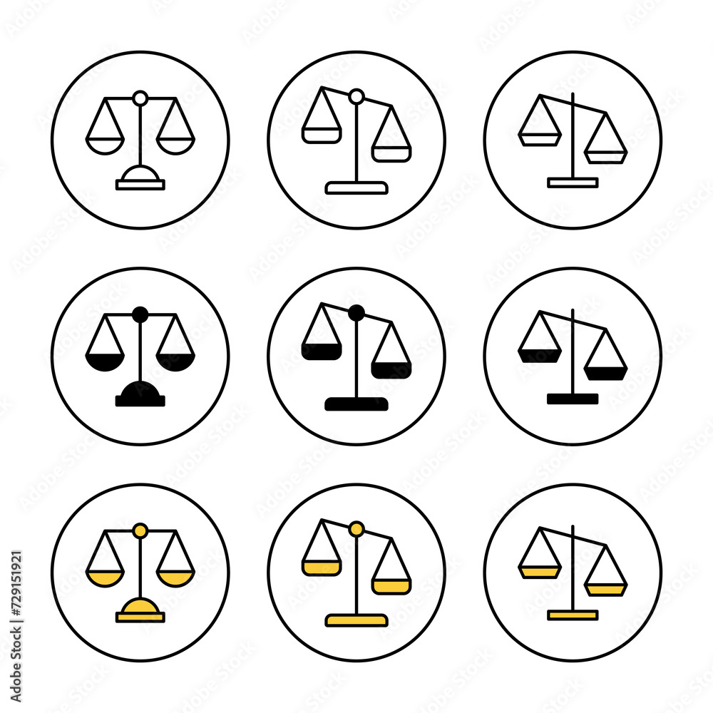 Scales icon set vector. Law scale icon. Justice sign and symbol Scales icon set vector. Law scale icon. Justice sign and symbol
