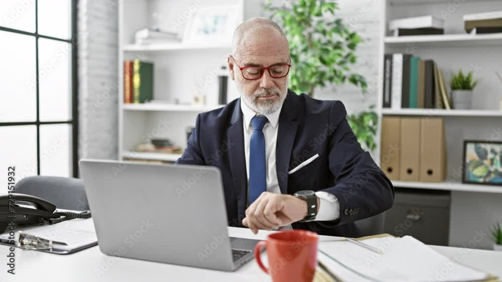 A mature man in a suit works attentively on a laptop in a modern office, taking a break to check his watch. A mature man in a suit works attentively on a laptop in a modern office, taking a break to check his watch.