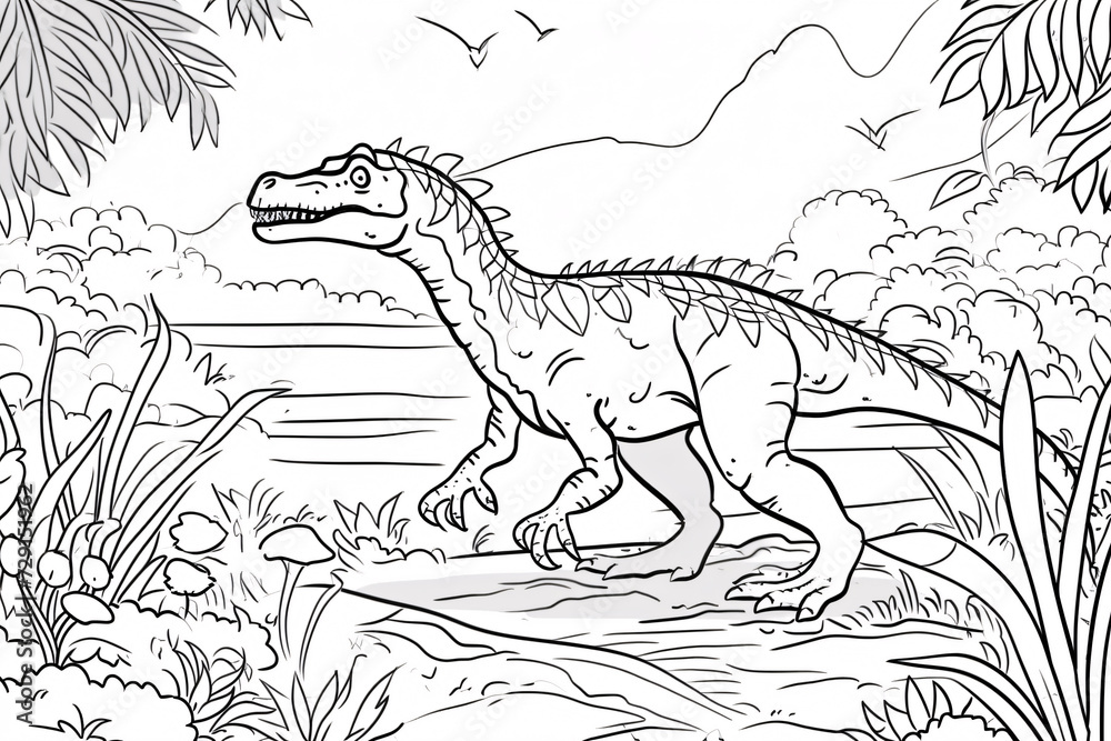 Baryonyx Dinosaur Black White Linear Doodles Line Art Coloring Page ...