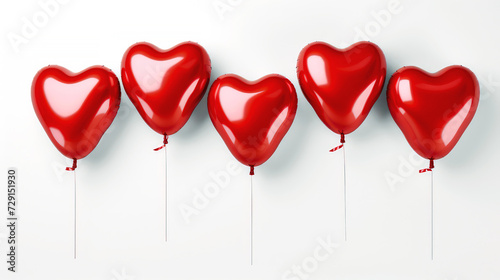 Five glossy red heart-shaped balloons on a white background. Suitable for Valentine's Day and Mother's Day decoration.