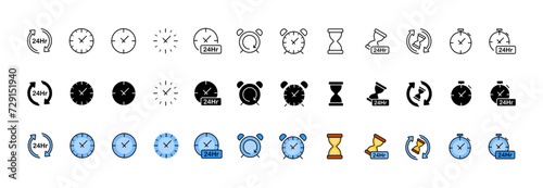 Clock icon collection. Time set. Linear, silhouette and flat style. Vector icons