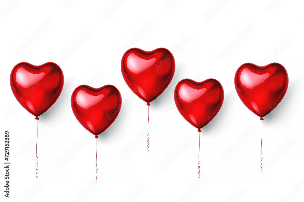 Five glossy red heart-shaped balloons on a white background. Suitable for Valentine's Day and Mother's Day decoration.