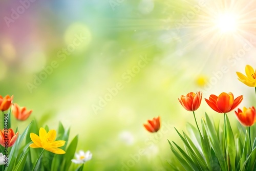 Nature Green Spring Banner with Flowers and Sunlight. Copy Space