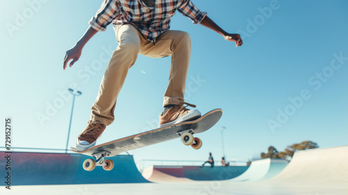 dynamic moment of a skateboarder performing a trick, with a focus on the skateboard and the person's feet against a clear blue sky.