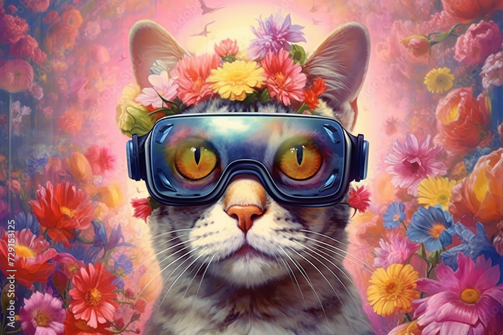 Fototapeta a cat in a virtual reality helmet. .