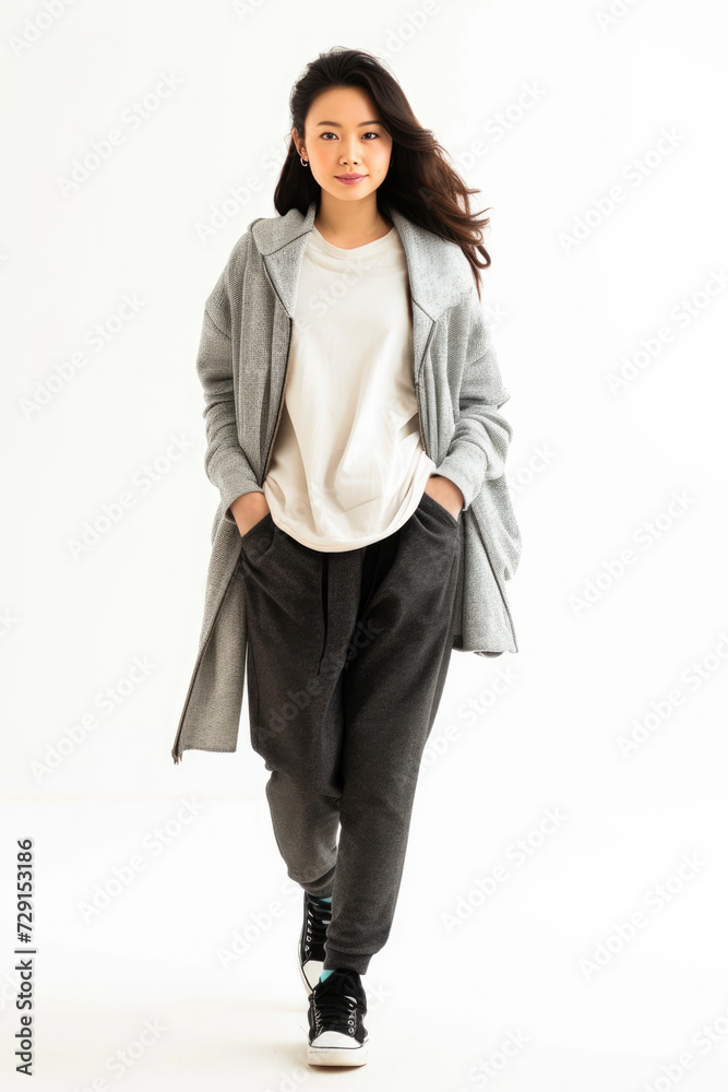 Asian woman wearing Casual attire, walking forward, white background Asian woman wearing Casual attire, walking forward, white background