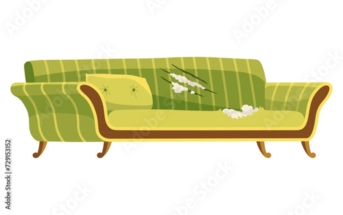 Broken sofa icon. Torn old couche for living room isolated on white background. Damaged indoor old furniture messy seat of sofa. Vector interior object in cartoon style