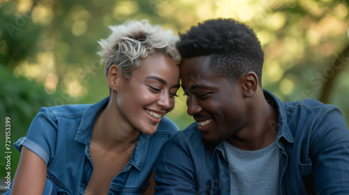 middle-aged couple is sharing a close, joyful moment, laughing and affectionately resting their heads together outdoors with a blurred green background.