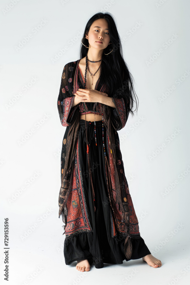 asian woman wearing Bohemian attire, standing , white background asian woman wearing Bohemian attire, standing , white background