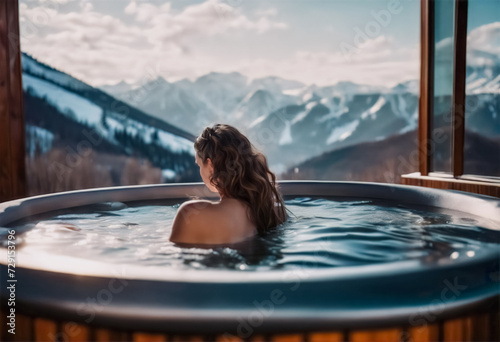 Riposo invernale- Giovane donna nel vasca idromassaggio con vista sulle montagne photo