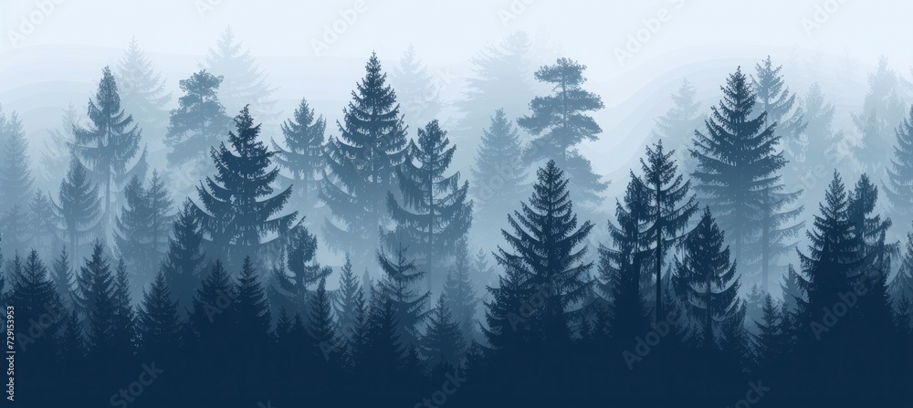 Pine forest. Silhouette wood tree background, wild nature woodland landscape. Vector image foggy tall trees misty engraved scene