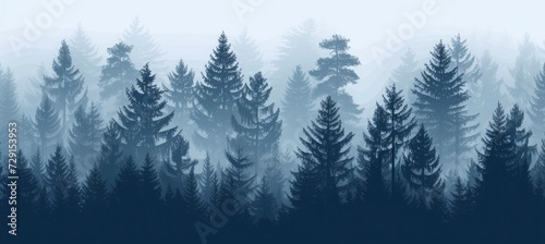 Pine forest. Silhouette wood tree background  wild nature woodland landscape. Vector image foggy tall trees misty engraved scene
