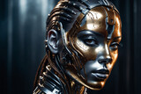Cyborg, front view, metallic skin, melting into the patinated background, brilliant modern abstract metallic make-up - Artificial intelligence concept