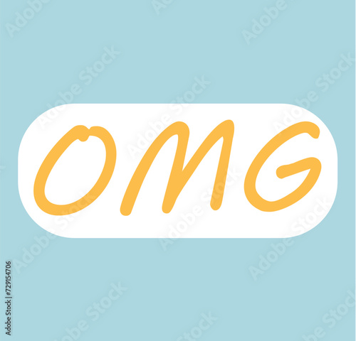 Sticker with text of colorful set. This whimsical sticker with the word "omg" is playfully integrated into a cartoon design on a bright blue background. Vector illustration.