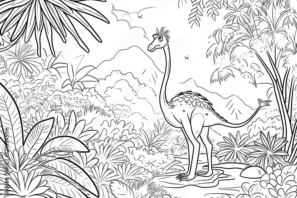 Gallimimus Dinosaur Black White Linear Doodles Line Art Coloring Page