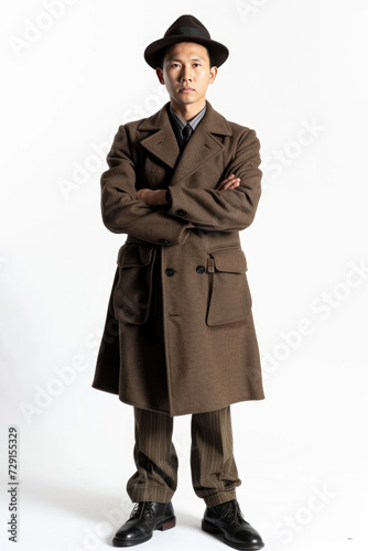 Asain man wearing Vintage attire, standing , white background