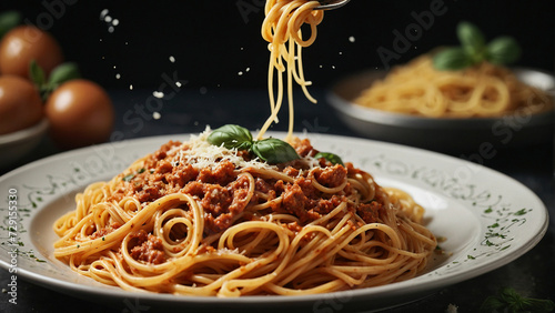 A close up shot of a fork lifting a delicious twirl of classic spaghetti from a plate and showcasing the timeless beauty of traditional Italian pasta