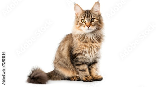 Striped mixed-breed cat sitting, isolated on white