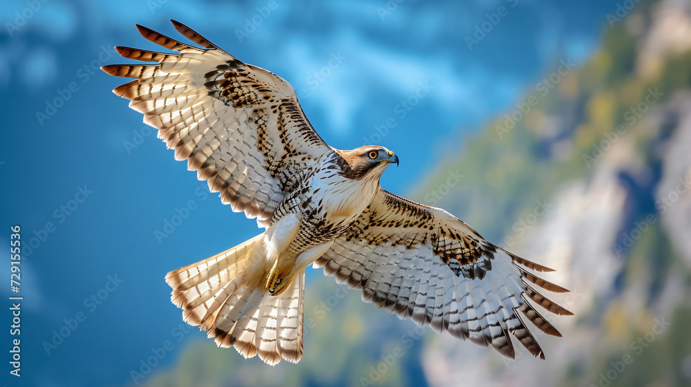 Fototapeta premium Majestic hawk soaring above a mountainous landscape