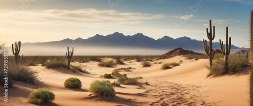 Photo Realistic Landscape of Desert  and cacti with colorful sky and clouds