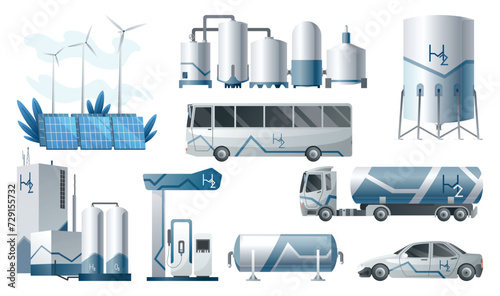 Hydrogen fuel. Green hydrogen. Hydrogen is ecological form of energy. Production and use of green energy from renewable natural resources. Vector illustration isolated on a white background